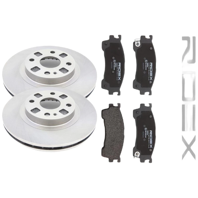 Image of RIDEX 3405B2565 Brake disc and pads set Front Axle, Brake Disc Type: internally vented, with acoustic wear warning Brake Set,disc brakes (3405)