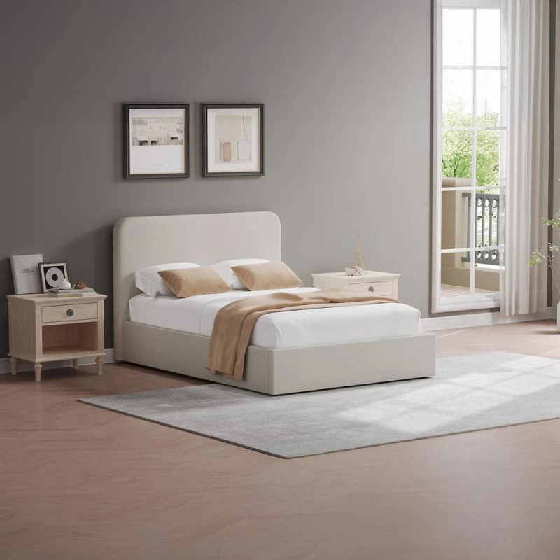 Image of FWStyle Beige Upholstered Small Double Ottoman Lift Up Storage Bedframe Beige Unisex Small Double