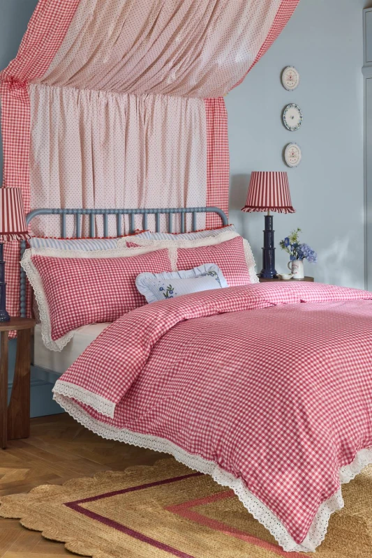Image of Cath Kidston 'Painted Gingham Lace' Reversible Cotton Duvet Cover Set in Red Size: Super King Red Unisex Super King