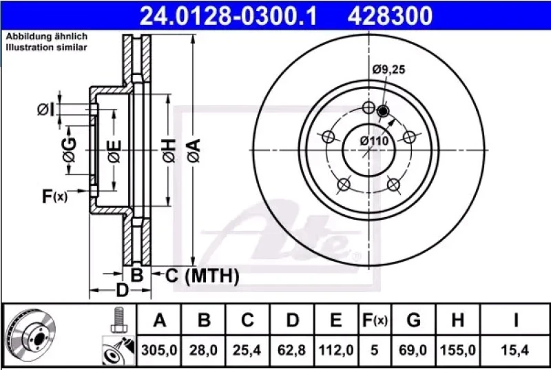 Image of ATE 24.0128-0300.1 Brake disc Vented, Coated, High-carbon, with bolts/screws Brake Disc (82)
