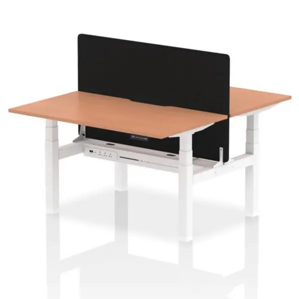 Image of Air Air Back-to-Back 1400 x 800mm Height Adjustable 2 Person Bench Desk Beech Top with Scalloped Edge White Frame with Black Straight Screen HASSE2P1