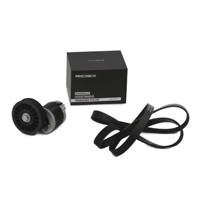 Image of RIDEX 542R0418 V-ribbed belt set with tensioner arm, tensioner pulley, Check alternator freewheel clutch & replace if necessary V-Ribbed Belt Set (54
