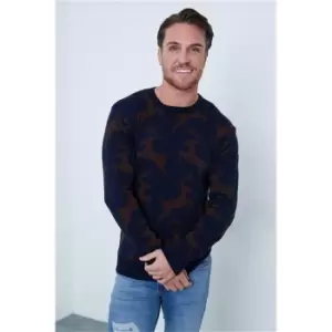 Image of I Saw It First Navy Knitted Reindeer Jumper - Blue
