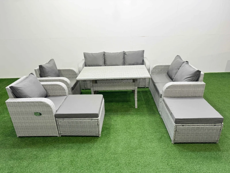 Image of Fimous PE Rattan Garden Furniture Set Reclining Chair Sofa Double Love Seat 2 Seater Sofa Lounge Set Rectangular Dining Table 2 Big Footstool Light Gr