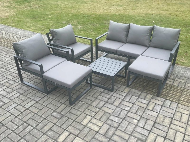 Image of Fimous Aluminium Outdoor Lounge Sofa Set Garden Furniture Sets with Square Coffee Table 2 Chairs 2 Big Footstools Dark Grey 7 Seater Dark Grey Unisex