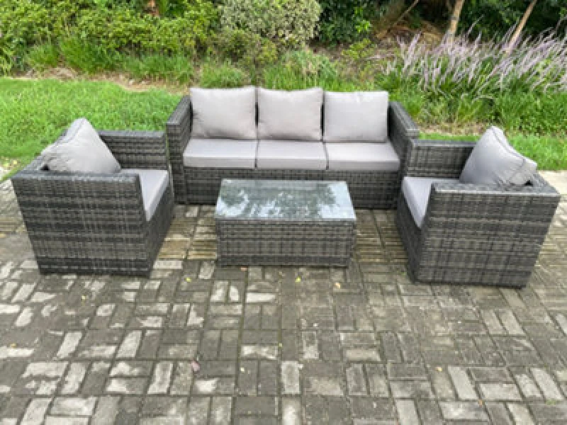 Image of Fimous 5 Seater Outdoor Lounge Sofa Set Wicker PE Rattan Garden Furniture Set with 2 Armchair Oblong Coffee Table Dark Grey Mixed Dark Grey