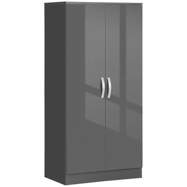Image of HOMCOM High Gloss Wardrobe, 2 Door Wardrobe with Hanging Rod and Storage Shelf, Clothes Storage Organizer with Anti-tipping Design for Bedroom, Grey