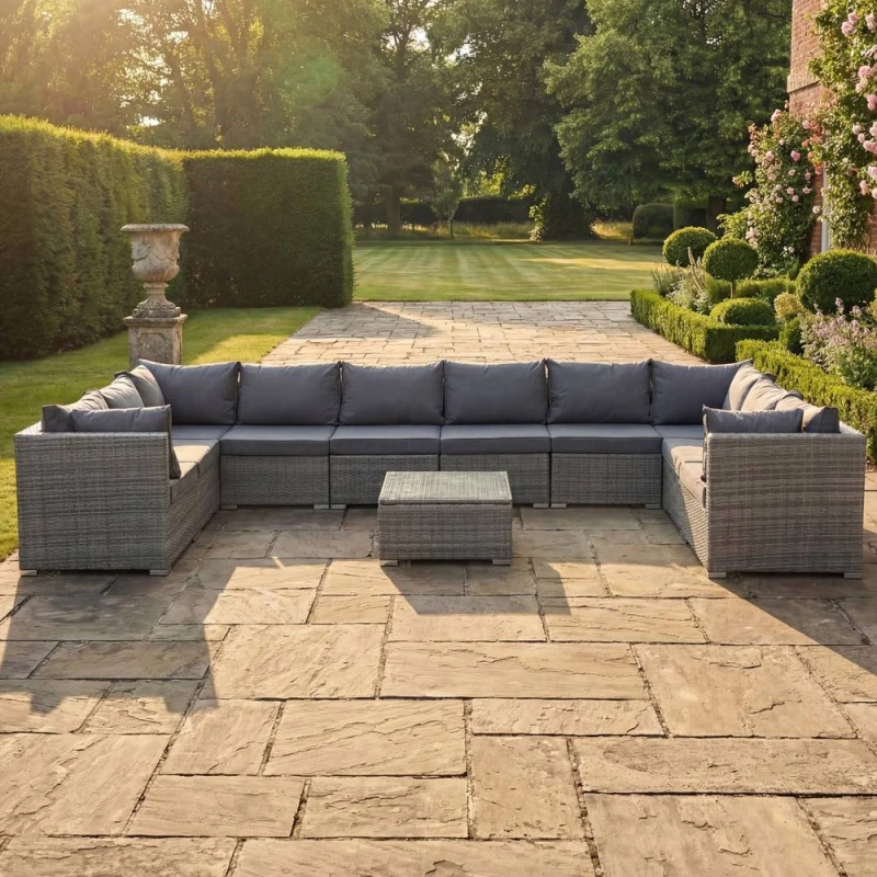 Image of Artemis Home Oliena 10 Seat Modular Rattan Large U-Shape Garden Furniture in Grey Grey Unisex