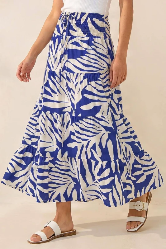 Image of Roman Womens Tile Print Shirred Maxi Skirt in Royal Size: 20 Royal Female 20