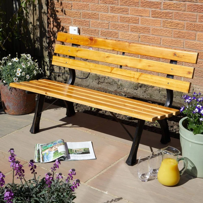 Image of Home Source Metal Framed Garden Bench Wooden Seats 2 Person Outdoor Furniture in Natural Natural Unisex