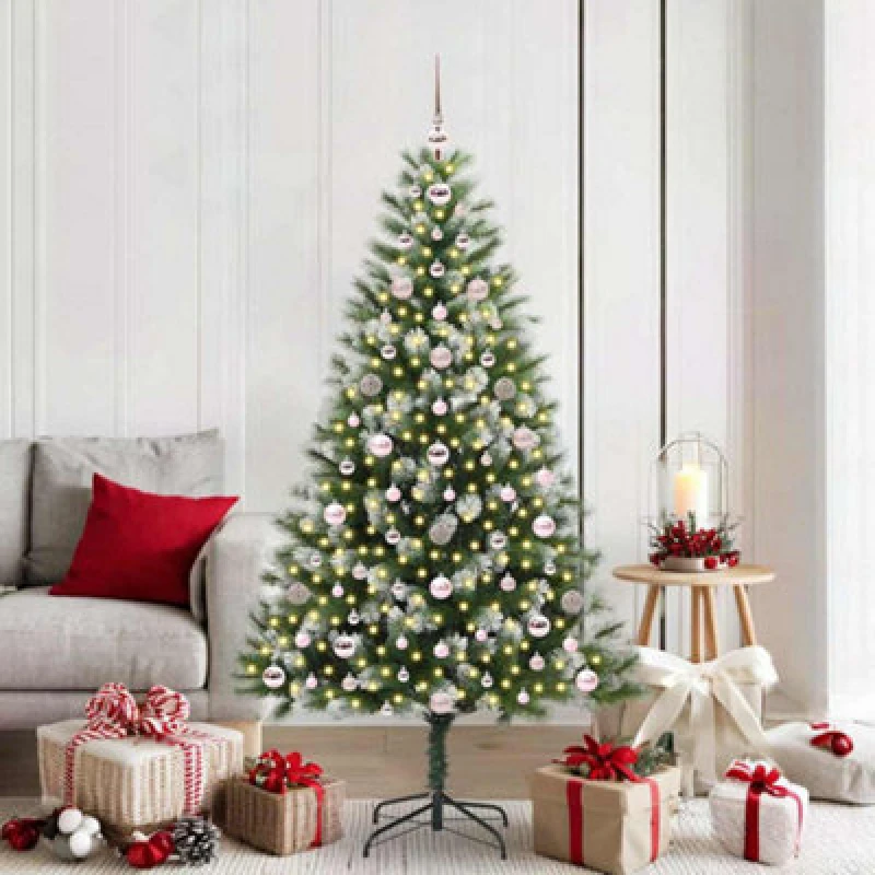 Image of vidaXL Artificial Hinged Christmas Tree with Pink Balls Flocked Snow 180 cm, Green 3395444