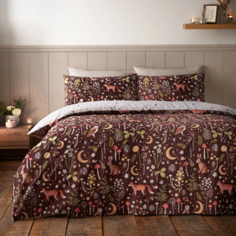 Image of Catherine Lansfield Enchanted Twilight Animals Reversible King Duvet Cover Set With Pillowcases Chocolate
