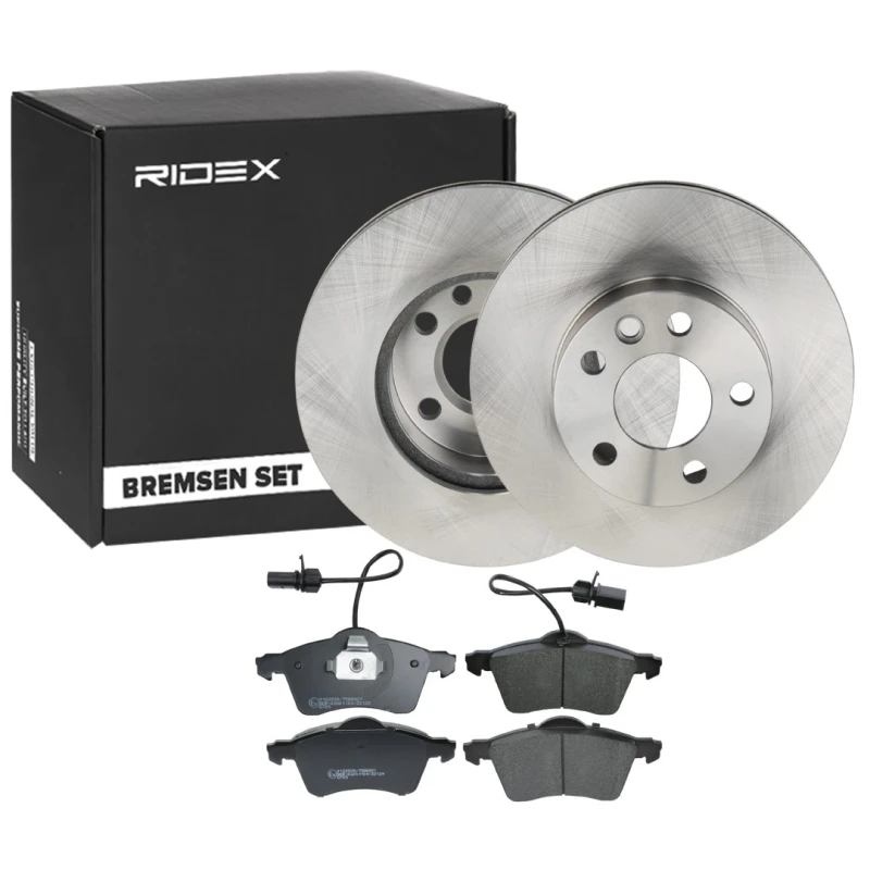 Image of RIDEX 3405B1785 Brake disc and pads set Front Axle, Brake Disc Type: Vented, incl. wear warning contact, with piston clip Brake Set,disc brakes (3405