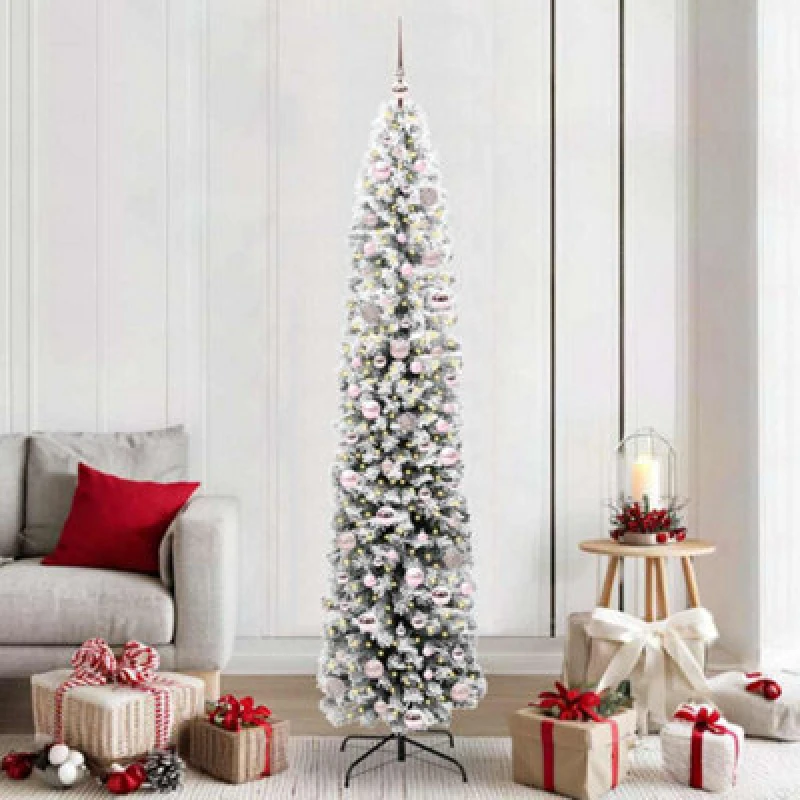 Image of vidaXL Artificial Christmas Tree with 300 LEDs, Pink Balls with Stand Snow Flocked Green 210 x 55 cm, Green 3395033
