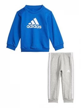 Image of adidas Infants Unisex Badge Of Sport Crew & Jog Pant Set - Blue/Grey, Blue/Grey, Size 3-6 Months