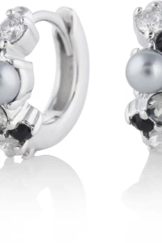 Image of Bubble Huggie Grey Pearl Black & Pink Crystal Silver Hoop Earrings