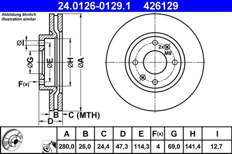 Image of ATE 24.0126-0129.1 Brake disc Vented, Coated Brake Disc (82)