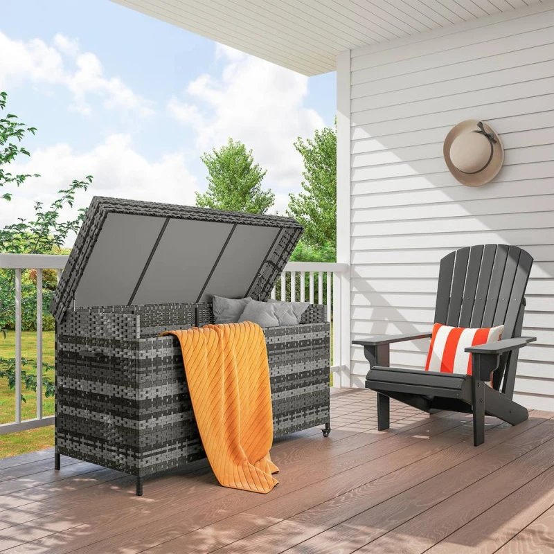 Image of Outsunny 627 L Rattan Garden Storage Box with Gas Lift Lid and Wheels, Grey 865-033V00CG