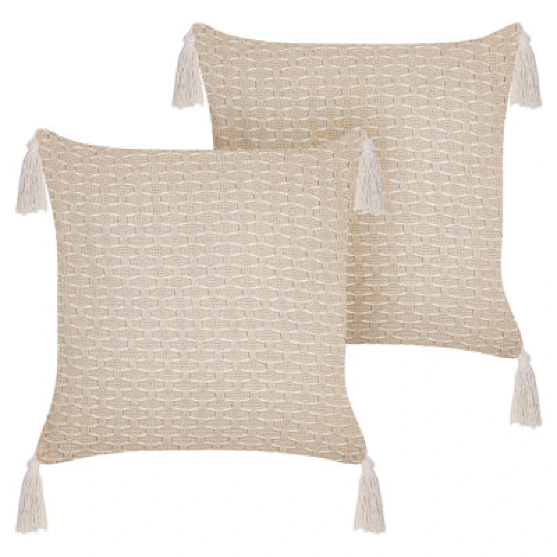 Image of Beliani Set Of 2 Decorative Cushions Hakone 42 X 42cm Light Beige Geometric Pattern