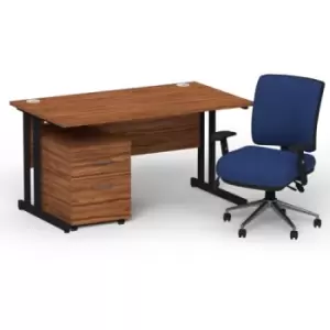 Image of Impulse 1400 x 800 Black Cant Office Desk Walnut + 2 Dr Mobile Ped & Chiro Med Back Blue W/Arms