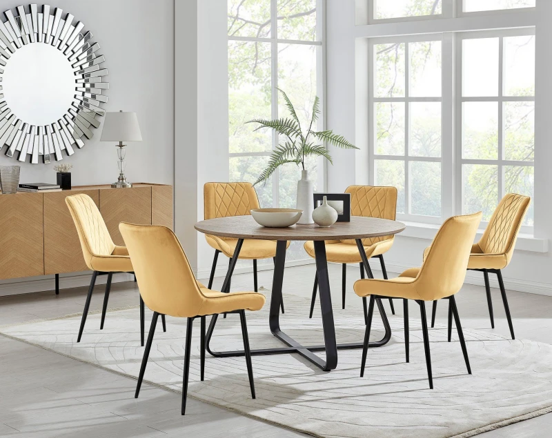 Image of FurnitureboxUK FurnitureboxUK Santorini Brown Round Dining Table And 6 Pesaro Black Leg Chairs in Mustard Mustard One Size Unisex 5056542640261