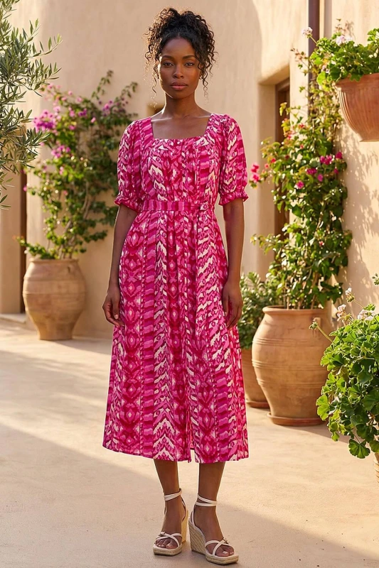 Image of Roman Womens Abstract Print Belted Dress in Fuchsia Size: 18 Fuchsia Female 18