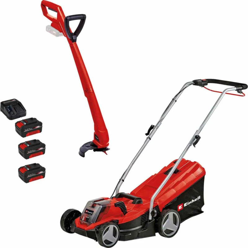 Image of Einhell GE-CM 18/33-2 Li Set 18v Cordless Rotary Lawnmower and Grass Trimmer Kit 3 x 4ah Li-ion Battery Charger GE-CM 18/33-2 Li Set
