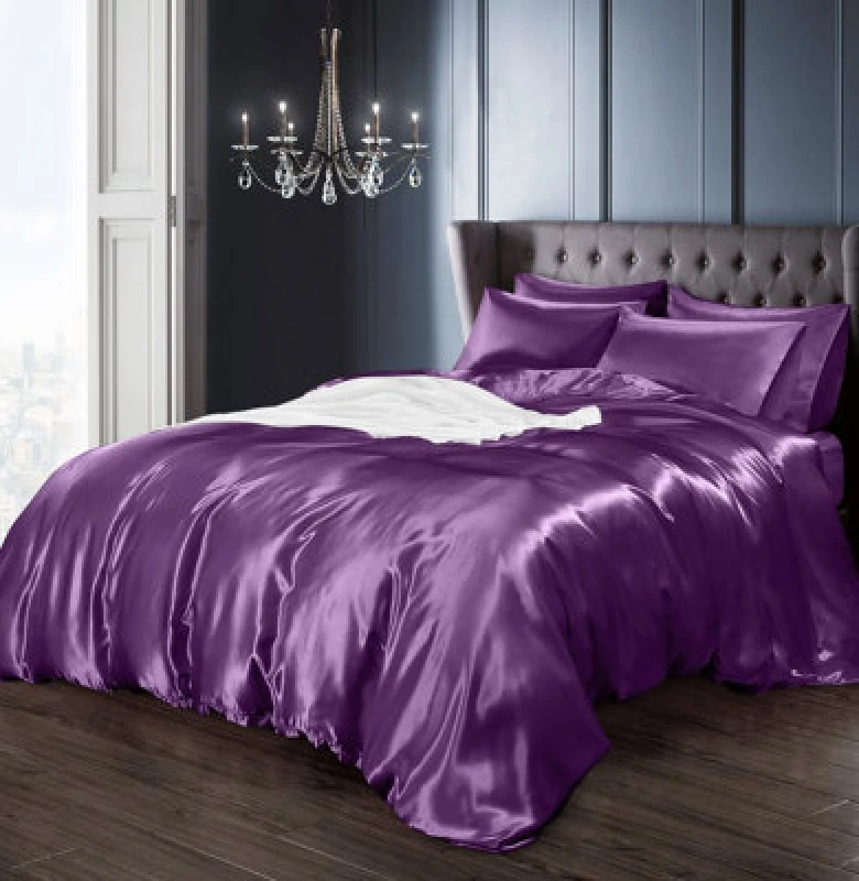 Image of Intimates Luxury Faux Silk Duvet Cover & Pillowcase Set, Stylish Bed Linen With Smooth Satin-Like Finish, Machine Washable - Purple