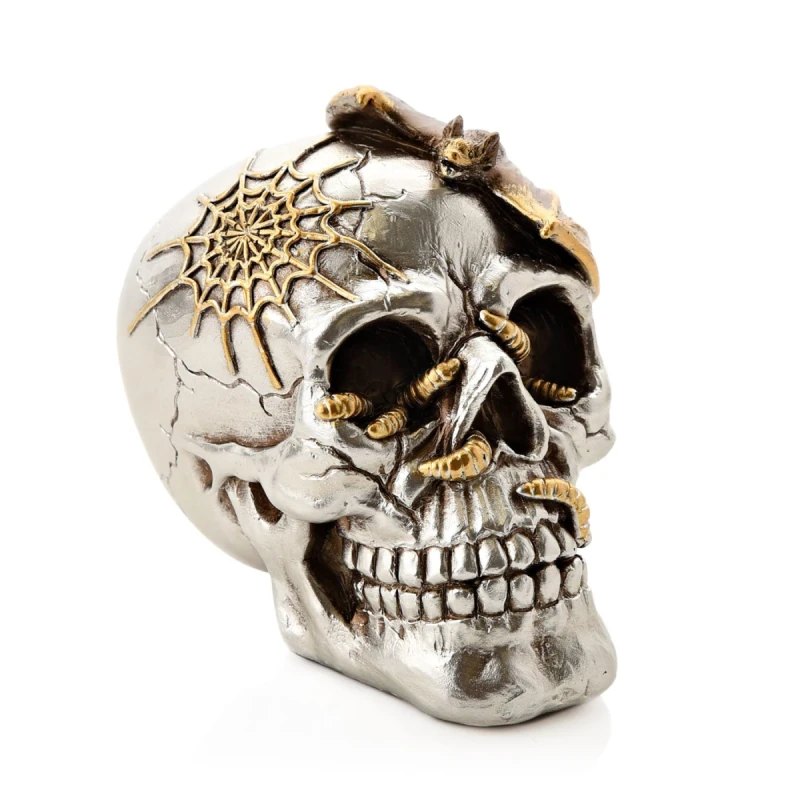 Image of The Novelties Company Hocus Pocus Halloween Silver Skull with Bat Resin Figurine Multi
