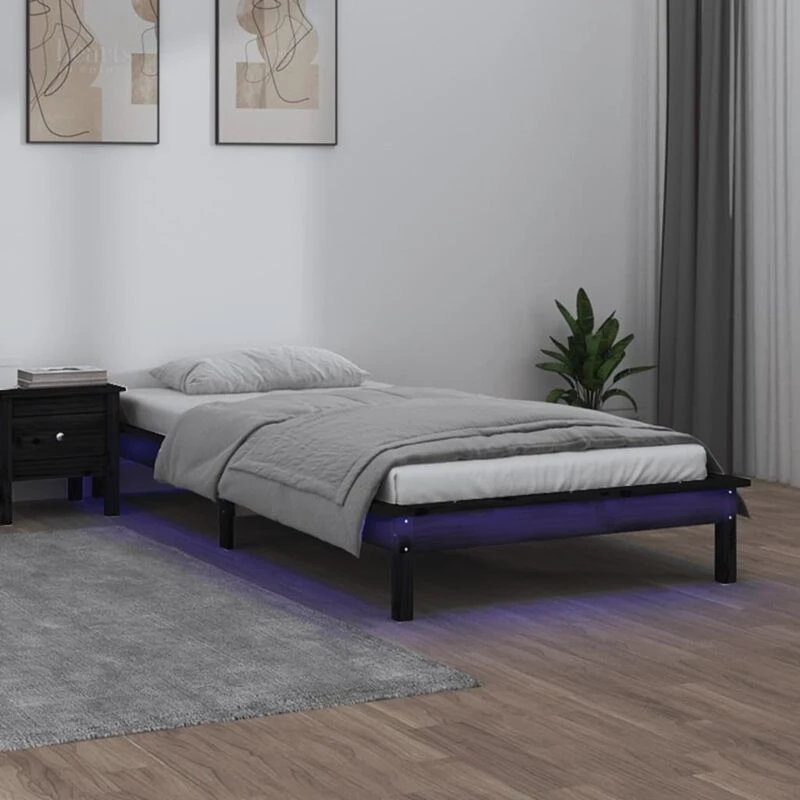 Image of vidaXL LED Bed Frame Black 75x190cm Small Single Solid Wood, Black 820635
