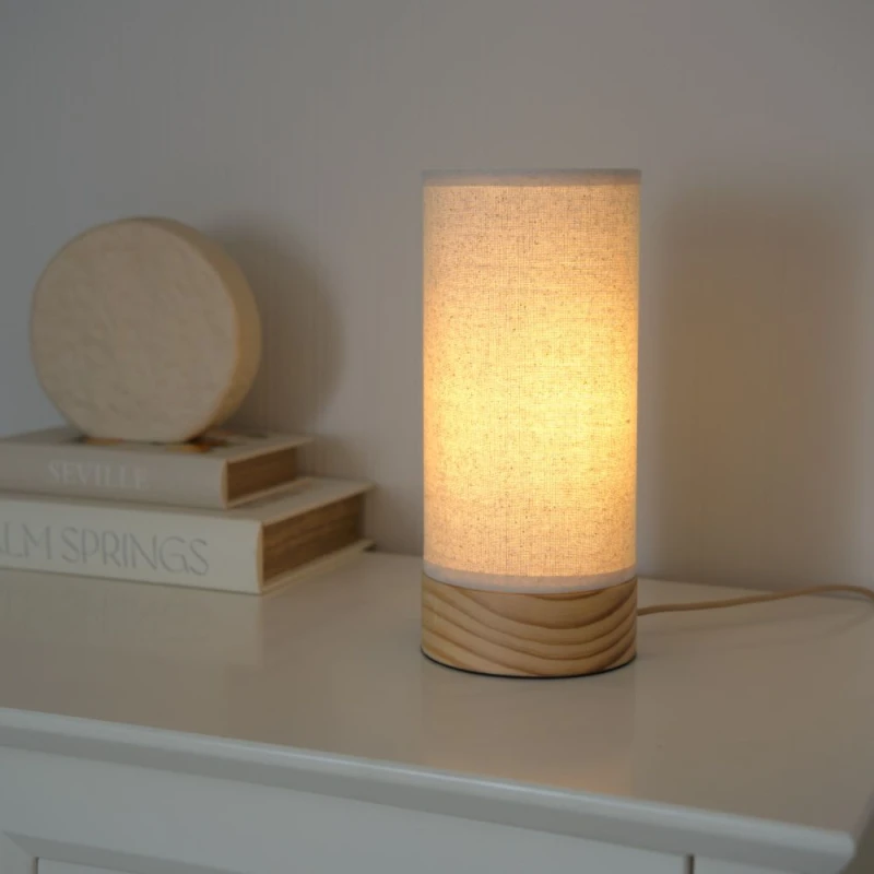 Image of ValueLights Elsa Pair of Natural Wooden Compact Table Lamps and LED Bulbs Beige