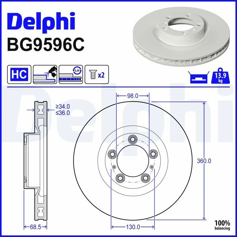 Image of DELPHI Brake disc DELPHI BG9596C