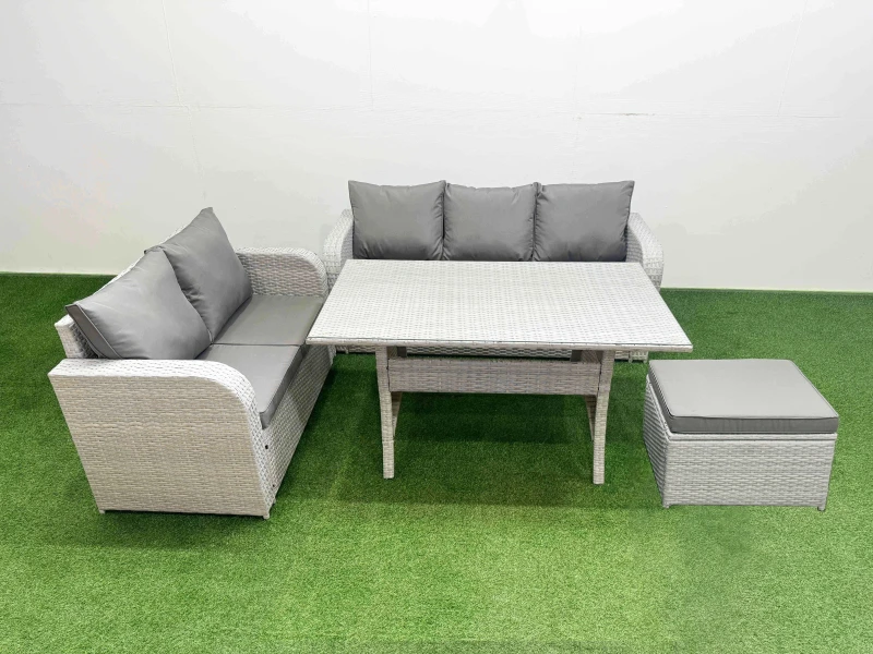 Image of Fimous 6 Seater PE Rattan Wicker Garden Furniture Patio Conservatory Sofa Set with Rectangular Dining Table 3 Seater Sofa Love Sofa Big Footstool Ligh