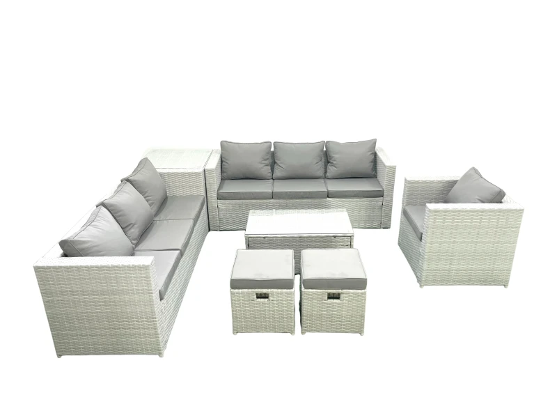 Image of Fimous Wicker PE Rattan Sofa Garden Furniture Set with Armchair Oblong Coffee Table 2 Small Footstools Side Table Light Grey Mixed Light Grey