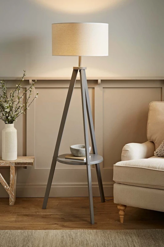 Image of ValueLights Morrigan Grey Wood Tripod Floor Lamp with Linen White Trim Drum Lamp Shade Grey