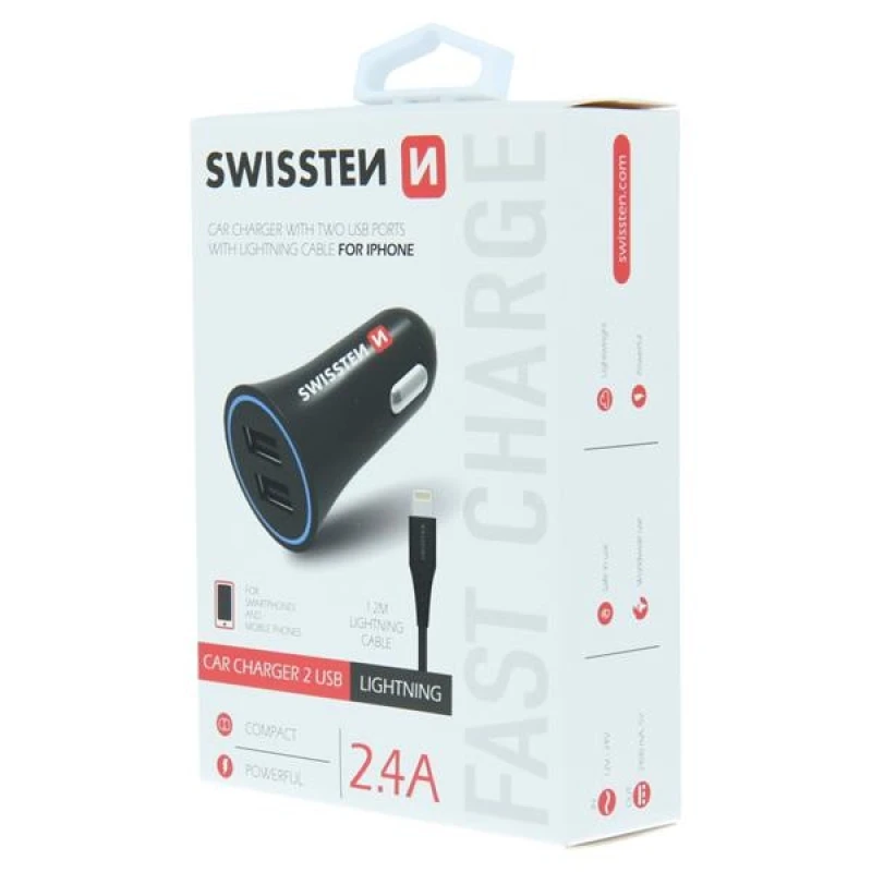 Image of SWISSTEN 20110910 Car mobile phone charger black, Number of inlets/outlets: 2, 1.2m Car mobile phone charger (100026)