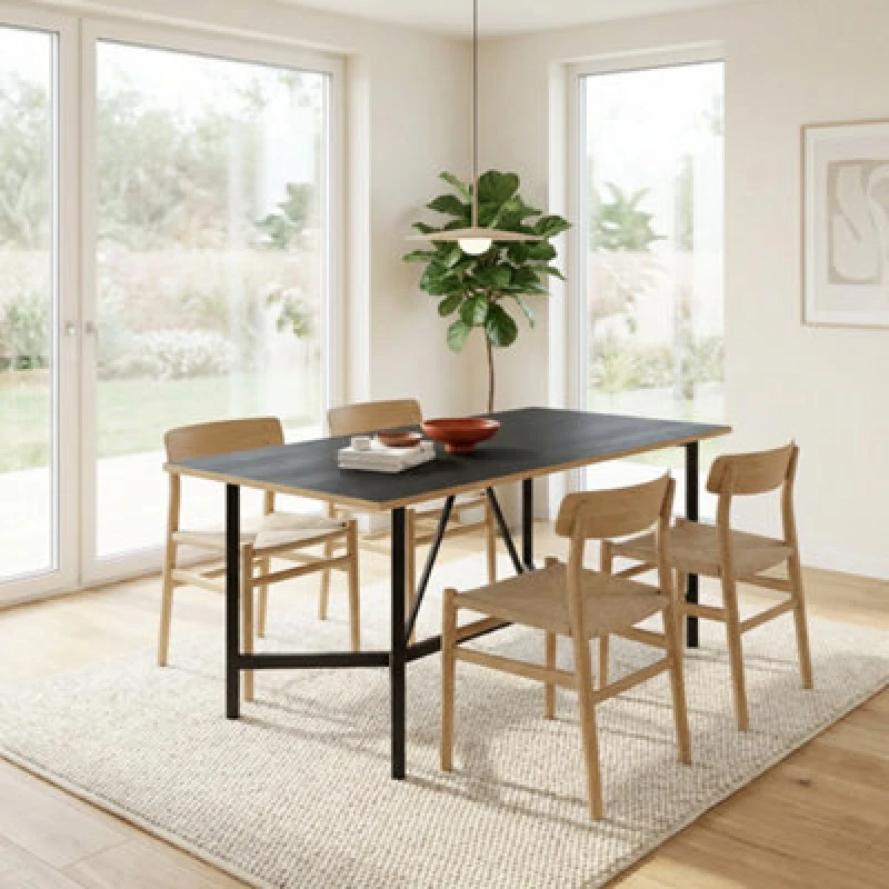 Image of Decortie Modern Dalma Rectangle Dining Table 6 Seater Kitchen Table 140(D)Cm W/metal Legs For Indoor Black Wood, Appleply