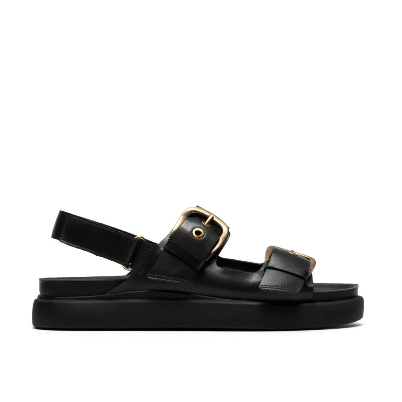 Image of Clarks Womens Aristella Bay Black Leather Flat Sandals Size: 7-Standard Fit Black Female 7-Standard Fit