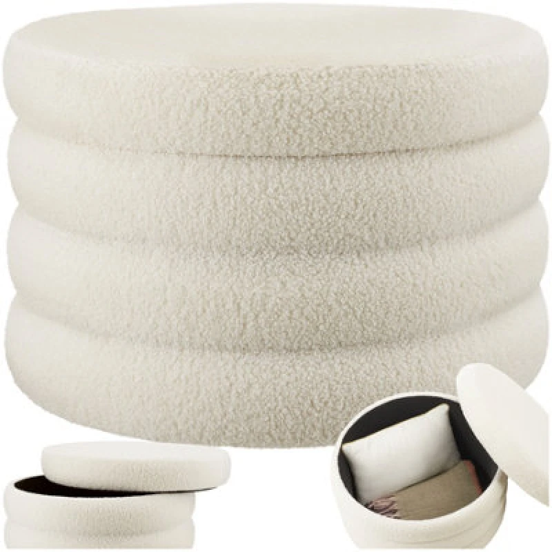 Image of Tectake Footstool Altu Xl - With Storage, Cylinder Shape, Plush Upholstery, 67 X 42cm - Boucle Cream-White, 1