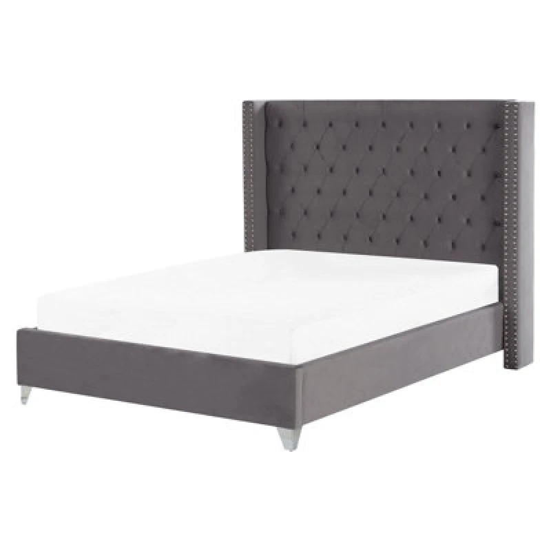 Image of Beliani Bed Velvet Lubbon 160 X 200 Cm (Eu King Size) Grey