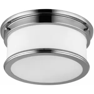 Image of IP44 2 Bulb Flush Light Drum Shape Opaque Glass & Polished Chrome LED E27 3.5W