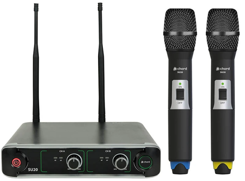 Image of Chord Chord SU20 Dual UHF Handheld Microphone Set Blue & Yellow 863.42 & 864.3 Mhz CAB231221