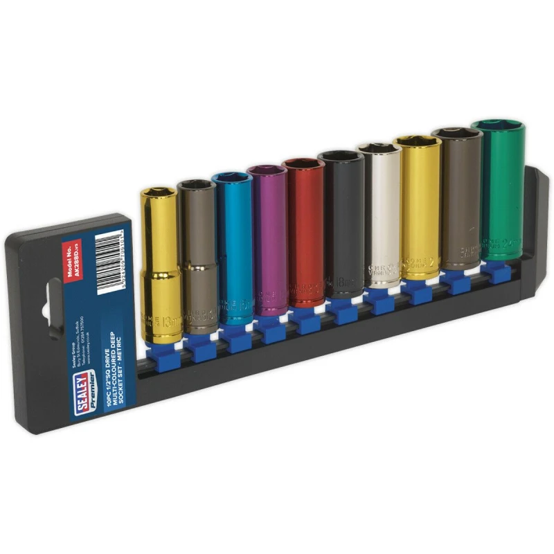 Image of Loops 10 PACK Multi Colour DEEP Socket Set 1/2" Metric Square Drive - 6 Pt WallDrive Multi