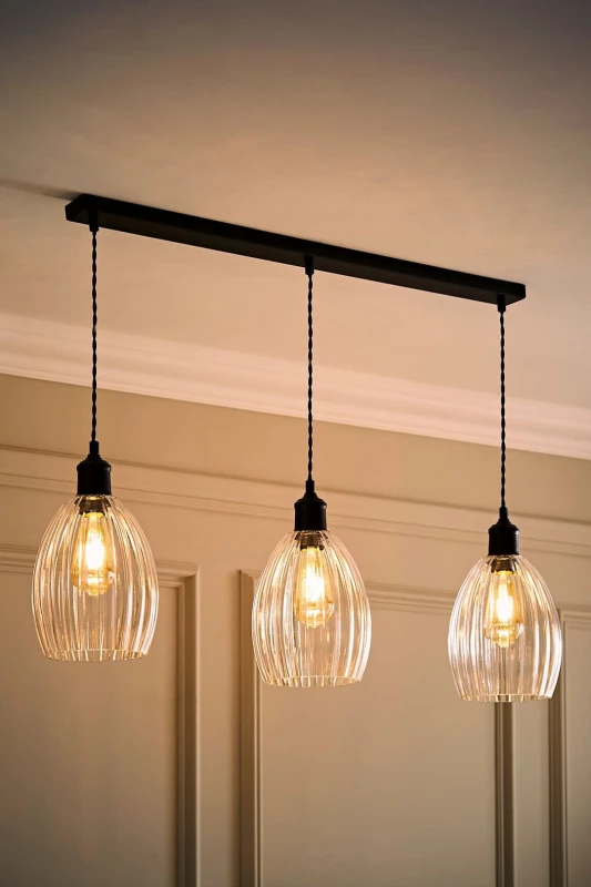 Image of ValueLights Cheltenham Ribbed Glass Dome 3 Drop Bar Diner Ceiling Light with Bulbs in Black Unisex