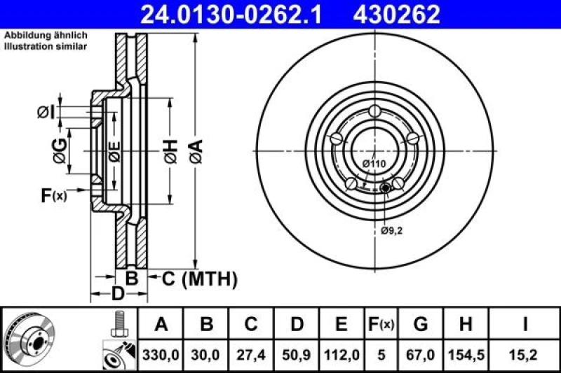 Image of Brake disc ATE 24.0130-0262.1