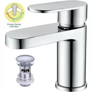 Image of Chrome Compact Cold Start Eco Round Mono Basin Mixer Tap + Clicker Waste WRAS