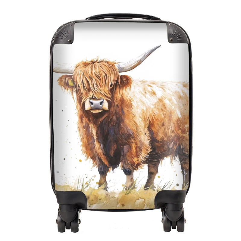 Image of Warren Reed - Designer Watercolour Highland Cow Suitcase in Brown Size: Small Brown Unisex Small
