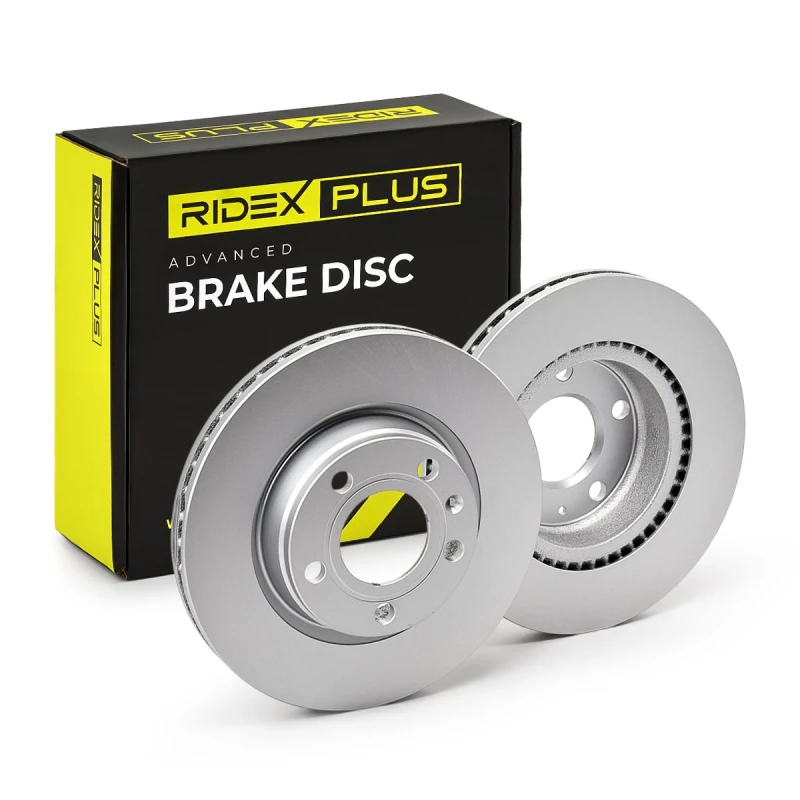 Image of RIDEX PLUS 82B0025P Brake disc Front Axle, Vented, Grey Cast Iron, Coated, High-carbon, with bolts/screws Grey Cast Iron Brake Disc (82)