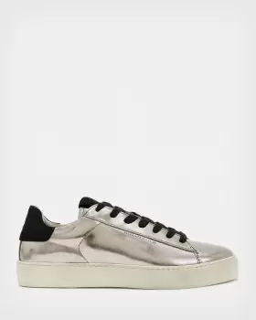Image of AllSaints Womens Shana Metallic Leather Trainers, Silver, Size: UK 3/US 6/EU 36