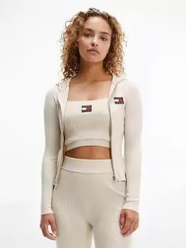 Image of Tommy Jeans BADGE LOGO ZIP THROUGH JERSEY RIB CARDI - CREAM, Cream Size XS Women